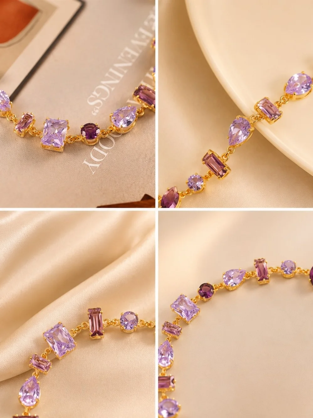 Gold Bracelet with Purple and Lavender Gemstones